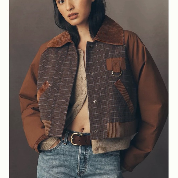 Anthropologie Brown Plaid Bomber Jacket - Picture 1 of 4